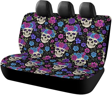 Car Back Seat Cover Auto Accessories Decor, Purple Mexican Sugar Skulls Day of The Dead Floral Flowers Rear Seats Covers Universal Vehicle Bench Seat Cushion Protective Cover for Truck - sugar skull car pet seat cover