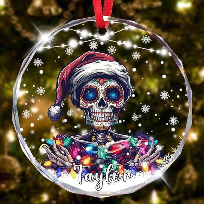 Personalized Sugar Skull Christmas Ornament - Glass Skull Christmas Ornaments for Tree Decorations - Custom Name Sugar Gifts for Women Men - Mexican Holiday Decor - Gift Skeleton Exchange Ideas - sugar skull christmas ornament