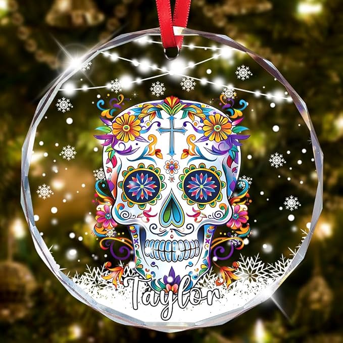 Sugar Skull Ornament Personalized - Glass Skull Ornaments for Christmas Tree - Custom Name Sugar Mexico Christmas Ornaments - Funny for Women Men - Ornament Holiday Decor - sugar skull christmas ornament