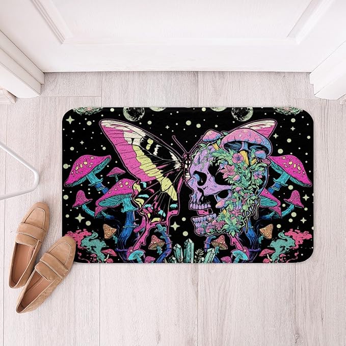 Erosebridal Butterfly Bathroom Rugs 20" x 32" Sugar Skull Bath Mat Plants Stars Night Sky Mushroom Doormat Spots Flowers Moon Purple - sugar skull toilet mat set