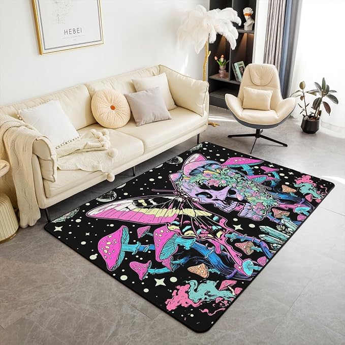 Erosebridal Butterfly Area Rug 6'6" x 4'11" Sugar Skull Living Room Rugs Plants Stars Night Sky Mushroom Decorative Carpet Spots Flowers Moon Purple Indoor Floor Mat - sugar skull area rug