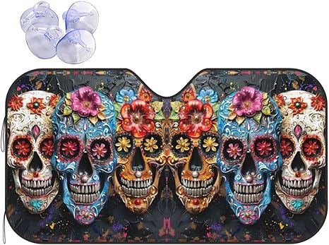 Sugar Skulls Sun Shade - Folding Car Front Window Sunshade for Cars SUV Trucks,Max UV Blocking and Keep The Vehicle Cool - sugar skull car sunshade for windshield