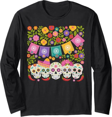Mexican Fiesta Celebration Sugar Skulls - sugar skull long sleeve shirt mens