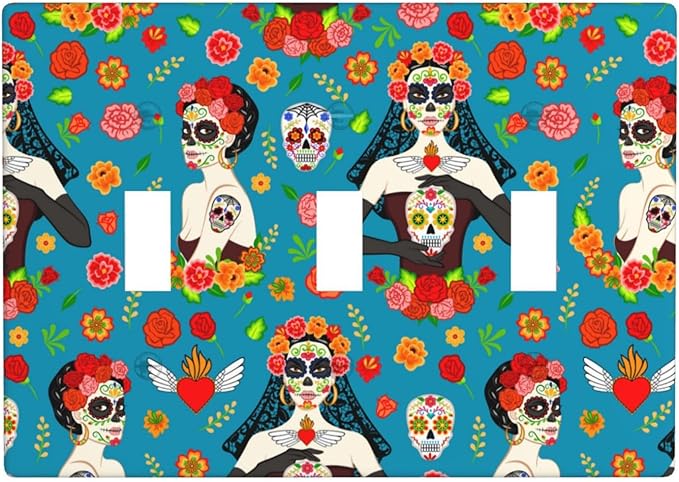 3-Gang Light Switch Cover Plate Women Dia Los Muertos Skull Sugar Beautiful Triple Gang Decorative Wall Plate, For Living Room, Bedroom, Kitchen 4.5" X 6.38" - sugar skull plates set