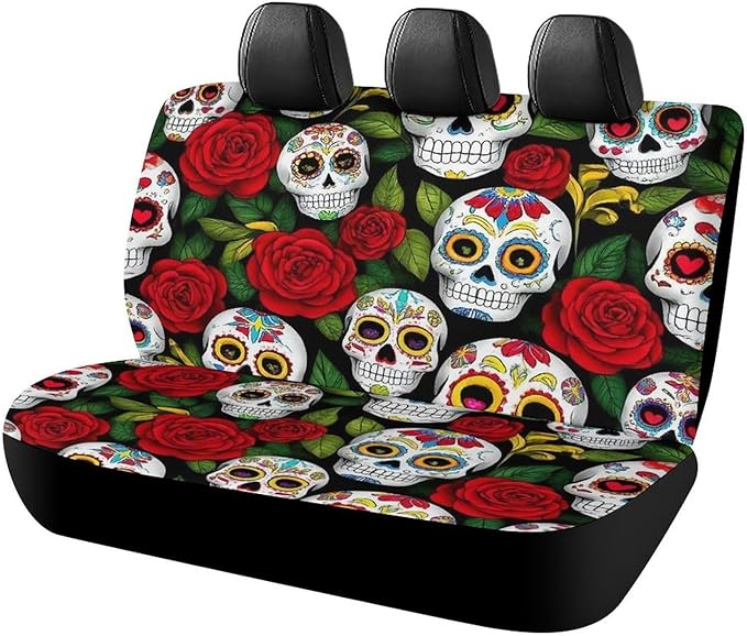 Premium Quality Mexican Day Dead Rose Sugar Skulls Back Car Seat Covers Universal Fit Most Four-Door Sedan & SUV - Pet Hair Resistance Seat Pad Protectors Easy Install Remove - sugar skull car pet seat cover