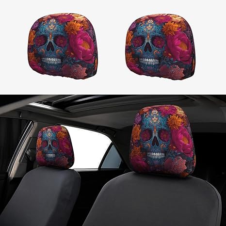 2PCS Car Headrest Covers Soft Elastic Seat Head Rest Cover Sugar skull flowers Headrest Covers for Cars Reusable Universal Car Accessories Funny Headrest Protector for Cars Sedans Vans Vehicles - sugar skull car seat covers set