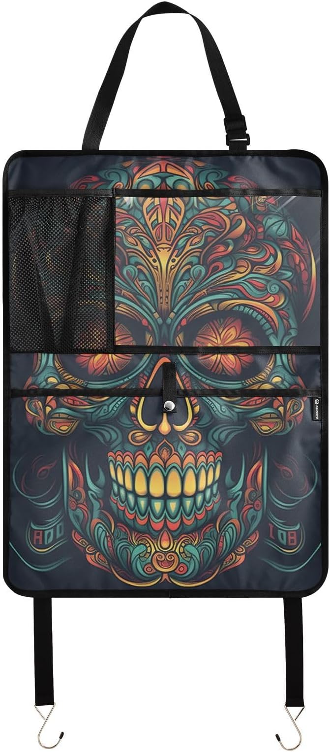 Colorful Skull Sugar Car Backseat Organizer, Fashion Seat Back Protectors Kick Mats with Storage Pockets for SUV Minivan or Truck Seats - sugar skull car floor mats