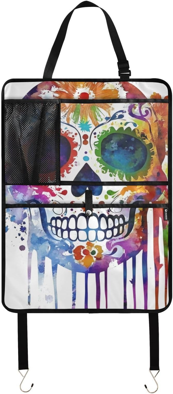 Sugar Skull Watercolor Car Backseat Organizer, Fashion Seat Back Protectors Kick Mats with Storage Pockets for SUV Minivan or Truck Seats - sugar skull car floor mats