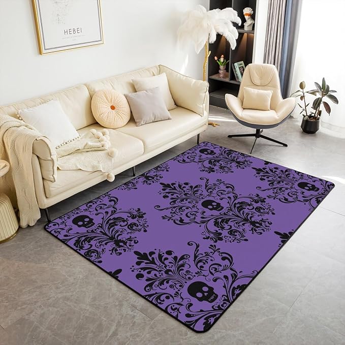 Feelyou Damask Floral Area Rug 3x5 Vintage Jacquard Living Room Rugs for Kids Boys Girls Bedroom Purple Black Decor Carpet with Non-Slip Backing Exotic Sugar Skull Indoor Floor Mat Soft Polyester - sugar skull area rug