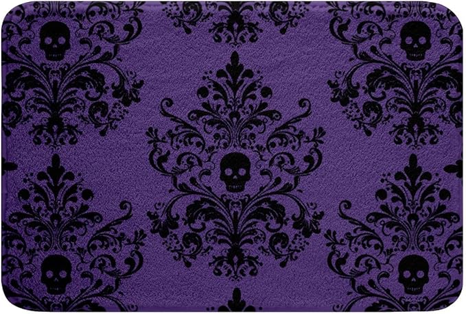 Feelyou Damask Floral Bathroom Rugs Microfiber 16"x24" Vintage Jacquard Bath Mats Non-Slip Purple Black Bathroom Accessories Exotic Sugar Skull Floor Doormats Soft Door Mat - sugar skull floor mat