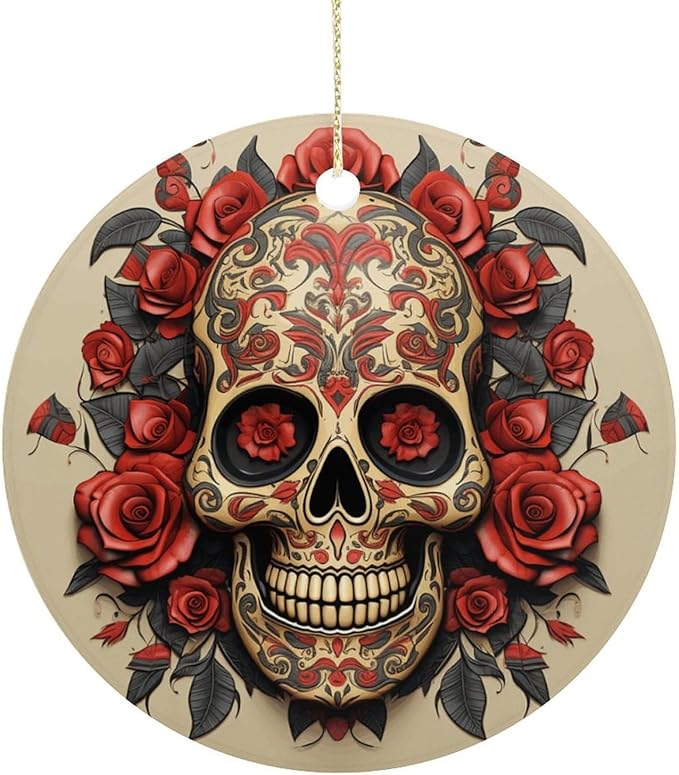 Personalized Christmas Ornaments 2025 3 Inch Ceramic Ornament with Gold Hanging String Double-Sided Red Rose Sugar Skull Xmas Tree Decoration & Keepsake Gift for Party Holiday Present Exchange - sugar skull christmas decorations