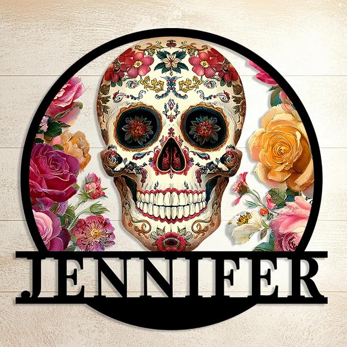 Custom Flower Sugar Skull Wall Sign, Personalized Retro Sugar Skull Wall Hanging Metal Signs Plaque, Halloween Party Dia de Muertos Day of the Dead Decorations, Customized Skull Name Sign - sugar skull poster print