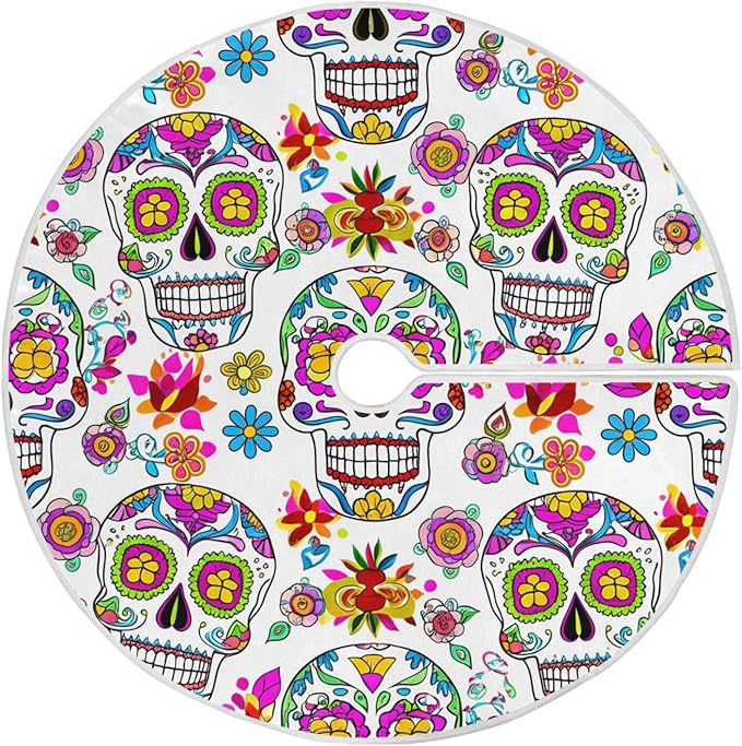 Mexican Sugar Skulls Christmas Tree Skirt 36 Inch,Christmas Tree Decorations for Xmas Tree Mat Holiday Party Home Party Decor - sugar skull christmas decorations