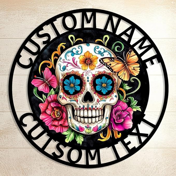 Personalized Sugar Skull Metal Sign, Custom Name Flowers Skull Home & Room Decor Wall Art for Halloween, Customized Mexico Day of The Dead Decorations Floral Sugar Skull Door Signs - sugar skull canvas wall art