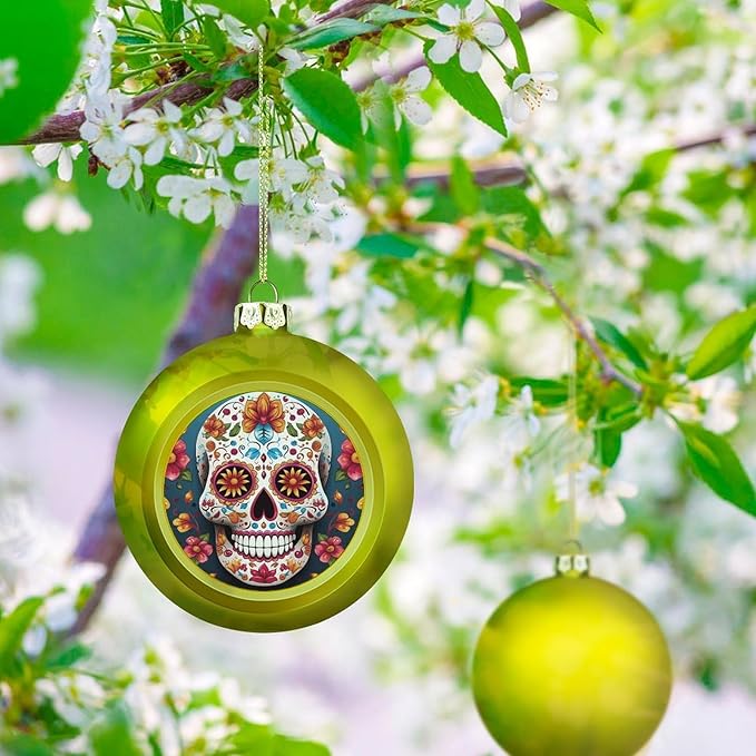 Colorful Sugar Skull Christmas Ball Ornaments - 3 Inch Shatterproof Christmas Tree Decorations, Golden Xmas Hanging Balls for Tree Decor, Holiday Wedding Party Decorative Pendants - sugar skull christmas decorations