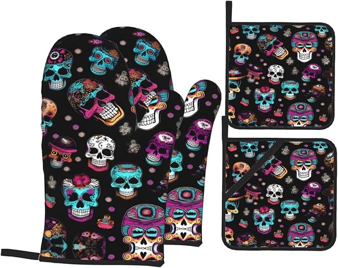 Sugar and Skulls Style Printing Oven Mitts and Pot Holders Set 3pcs, Thick Heat-Resistant Kitchen Gloves for Cooking Baking - sugar skull oven mitts