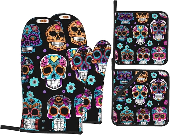 Sugar Skull Printing Oven Mitts and Pot Holders Set 3pcs, Thick Heat-Resistant Kitchen Gloves for Cooking Baking - sugar skull oven mitts