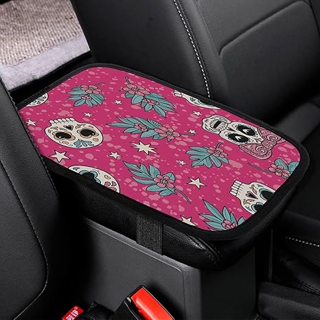 Sugar Skull Floral Stars Car Center Console Decor Handrail Armrest Box Cushion Interior Covers Car Protector Pad Lid Cover Accessories Universal Fit for Auto Truck Vehicles - sugar skull car pet seat cover