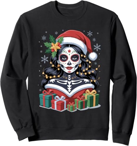 Christmas Skull Gifts Artistic Holiday Santa Tees - sugar skull sweatshirt womens