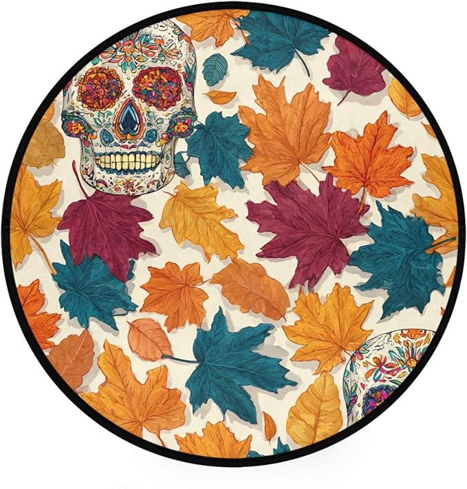ALAZA Sugar Skull Fall Leaves Round Floor Mat Non-Slip Absorbent Floor Mat for Living Room Bedroom Study Room,36.2 inch Diameter - sugar skull floor mat