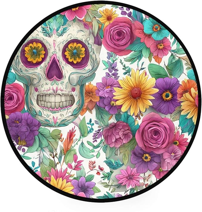 ALAZA Sugar Skull Boho Flowers Round Floor Mat Non-Slip Absorbent Floor Mat for Living Room Bedroom Study Room,36.2 inch Diameter - sugar skull floor mat