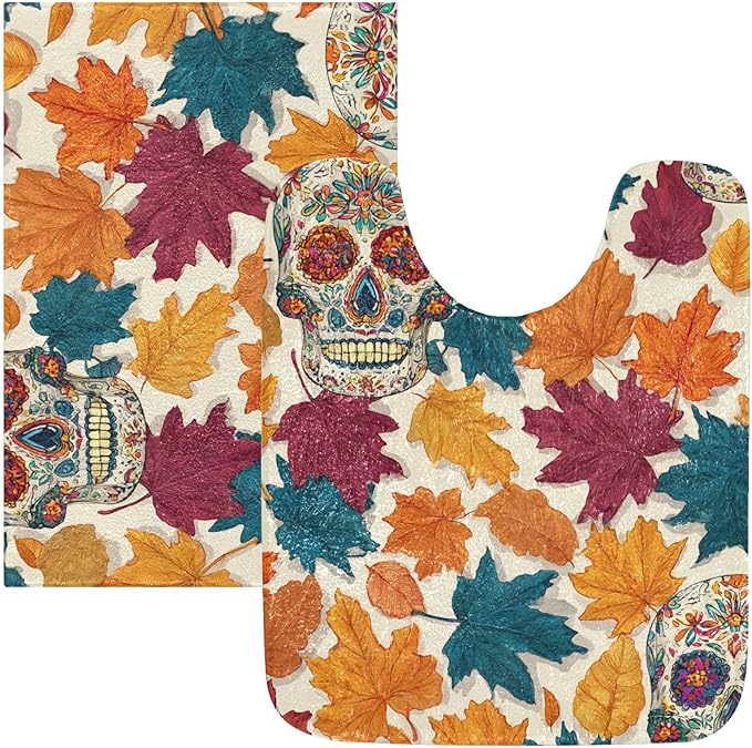 ALAZA Sugar Skull Fall Leaves Bathroom Mats Set, 2-Piece Set, Rectangle Bath Mat 16 x 24 inch and U-Shaped Toilet Mat 20x24 inch,Non-Slip Absorbent Soft Bathroom Rug Floor Mats - sugar skull toilet mat set