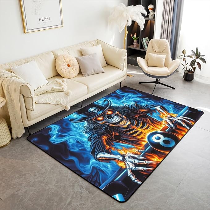 Sugar Skull Large Area Rug 5x7 Science Fiction Style Gothic Living Room Rug | Cool Pool 8 Ball Rugs for Bedroom, Billiard Balls Goth Skeleton Carpet Indoor Floor Mat - sugar skull area rug