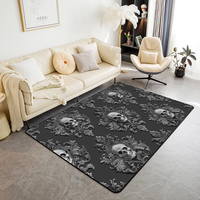 Gothic Sugar Skull Large Area Rug 5x7 Antique Decor Black Damask Living Room Rug | Exotic Victorian Rugs for Bedroom, Goth Vintage Floral Skeleton Carpet Indoor Floor Mat,Charcoal Grey - sugar skull area rug