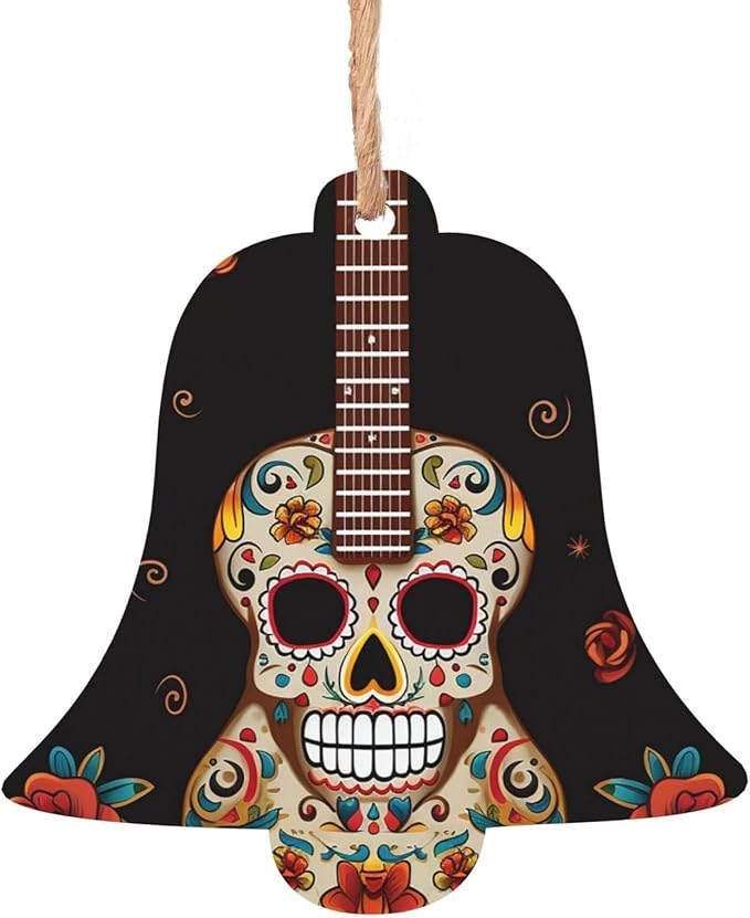 Wooden Bell Shape Christmas Ornaments 4 PCS Vintage Christmas Tree Ornaments Guitar Pepper Sugar Skull Xmas Decorations for Tree Hanging Crafts for Holiday Xmas Party Supplies - sugar skull christmas decorations