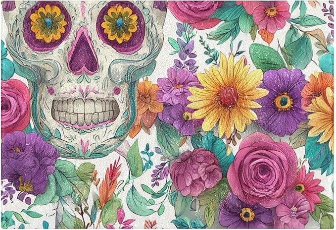 ALAZA Sugar Skull Boho Flowers Bath Mat Rectangle Non-Slip Absorbent Bathroom Rug Floor Mat for Bathroom Living Room Bedroom,16 x 24 inch - sugar skull floor mat