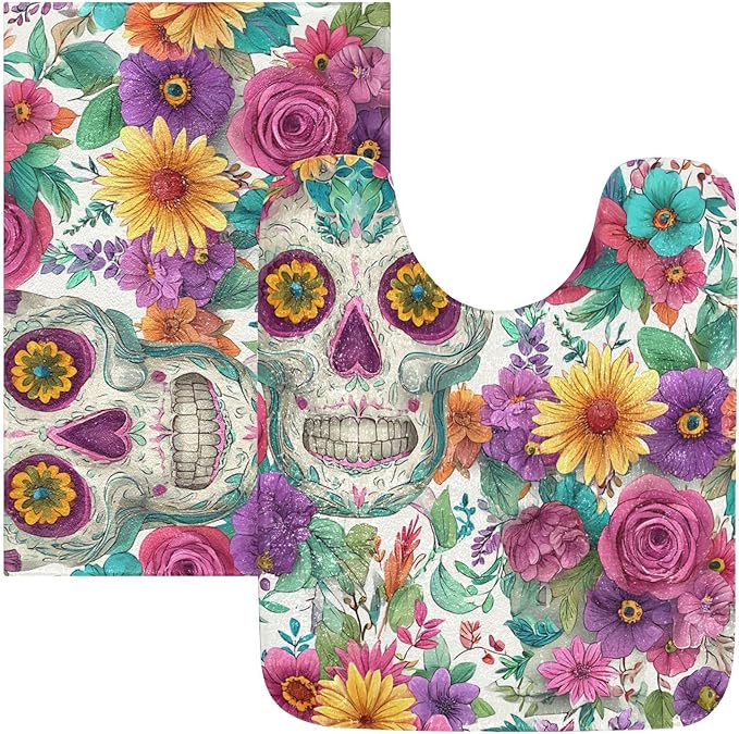 ALAZA Sugar Skull Boho Flowers Bathroom Mats Set, 2-Piece Set, Rectangle Bath Mat 16 x 24 inch and U-Shaped Toilet Mat 20x24 inch,Non-Slip Absorbent Soft Bathroom Rug Floor Mats - sugar skull toilet mat set