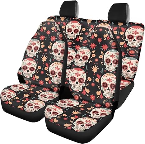 Sugar Skull Car Seat Cover Front Seat, Christmas Poinsettia Sugar Skull 3 Pcs Car Seat Covers Set for Women Floral Skeleton Non-Slip Front Rear Backrest Vehicle Protector Covers - sugar skull car seat covers set