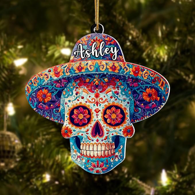 Custom Sugar Skull Christmas Ornaments - Personalized Sugar Skull Ornaments for Christmas Tree - Acrylic Mexican Ornament - Holiday Decorations - Gifts for Mexicans - Gift Exchange - sugar skull christmas ornament