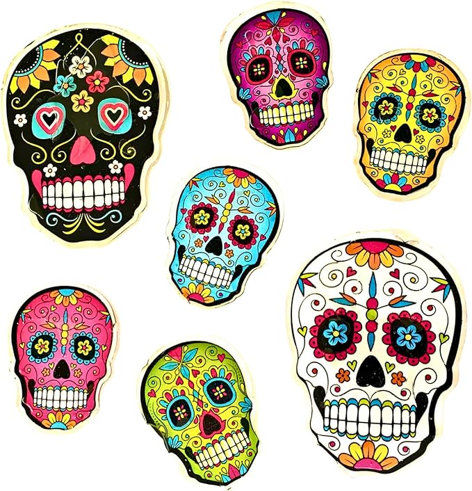 Halloween Skull Window Clings Decoration, 7 Count Day of The Dead Sugar Skull Vinyl Decals Static Stickers for Windows Mirrors Glass Doors Reusable No Residue Home Office Classroom Party Decor - sugar skull wine glass