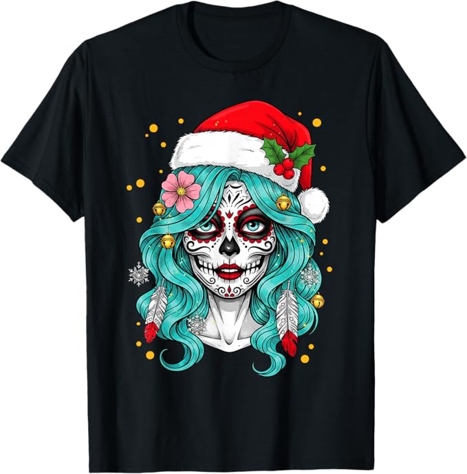 Christmas Sugar Skull Women Santa Hat Tees - sugar skull beanie