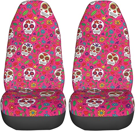 Delerain Car Seat Covers Set 2Pcs, Sugar Skull Pink Universal Front Car Seats Vehicle Enterior Protector Suitable Fits Most Car Auto SUV Sedan Truck - sugar skull car pet seat cover