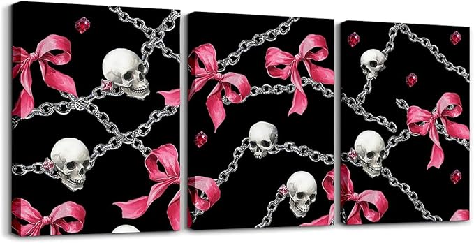 Erosebridal Bowknot Skull Canvas Wall Art 12"x16" 3 Piece | Gothic Sugar Skull Poster Print Halloween Spooky Exotic Wall Painting Iron Chain Bows Pattern Framed Canvas Prints - sugar skull poster print