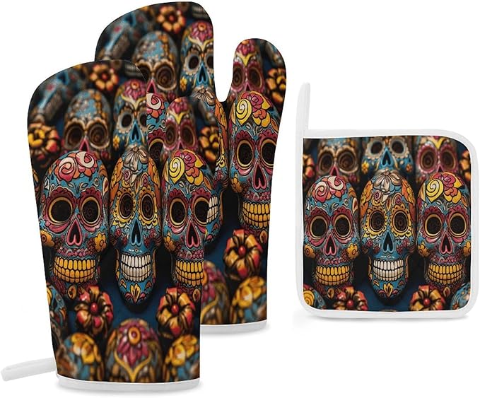 Colorful Sugar Skulls Printed Oven Mitts and Pot Holders Sets of 3, Heat Resistant Non Slip Kitchen Gloves Hot Pads, Funny Kitchen Gifts for Women/Men Cooking Lover Cooks - sugar skull oven mitts