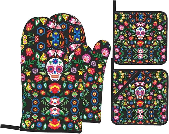 Sugar Horror Skull and Flowers Printing Oven Mitts and Pot Holders 4pcs Set,High Heat Resistant Kitchen Gloves for Baking Cooking - sugar skull oven mitts