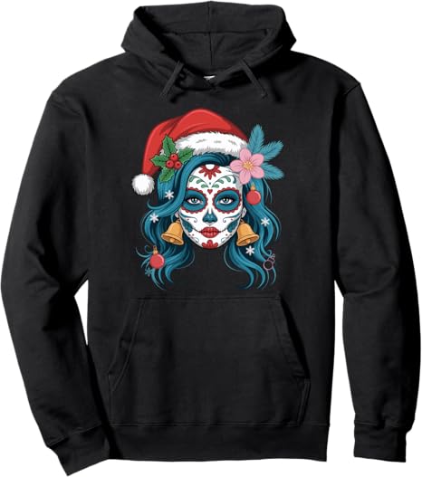 Santa Hat Festive Skull - sugar skull sweatshirt womens