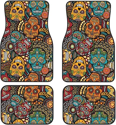 Sugar and Skulls Style Print Full Coverage Car Foot Mat Set 4 Pieces Floor Mats Non-Slip Backing SUV Trucks Cars - sugar skull car floor mats