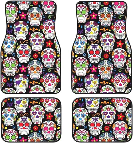 Sugar Skulls Print Full Coverage Car Foot Mat Set 4 Pieces Floor Mats Non-Slip Backing SUV Trucks Cars - sugar skull car floor mats