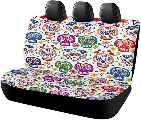 Colorful Sugar Skulls Pattern Car Seat Covers Universal Car Rear Bench Back Seat Cover Vehicle Enterior Protector Interior Accessories Decor Fits Most Van Auto Truck - sugar skull car pet seat cover