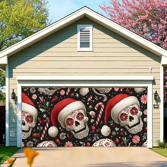 Christmas Skull Garage Door Cover Large 157x71 Inch Santa Hat Sugar Skull and Candy Cane Pattern Holiday Garage Door Banner for Outdoor Winter Yard Home Decoration - sugar skull christmas decorations