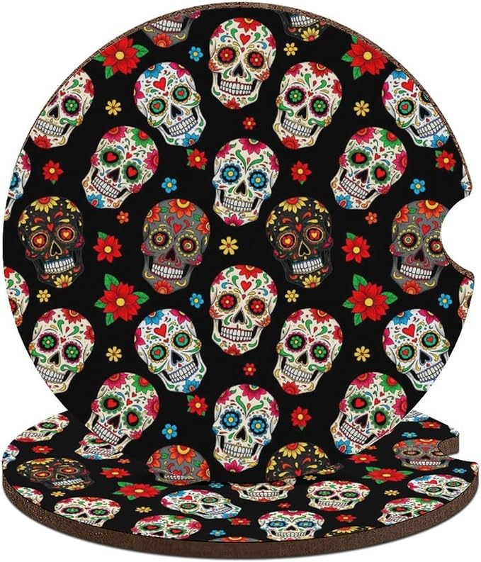 Car Cup Holder Coaster, 2PCS Universal Cup Mat Car Accessories, Day of The Dead Sugar Skull Anti-Slip Cork Base Drink Coasters for Men Women - sugar skull car floor mats