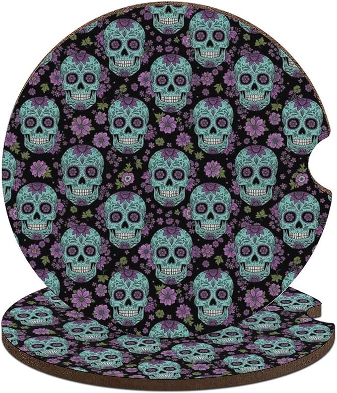 Universal Car Cup Holders Coasters, 2 PCS 2.6 Inch Anti-Slip Drink Coasters, Floral Sugar Skull Car Interior Accessories Car Cup Mat - sugar skull car floor mats