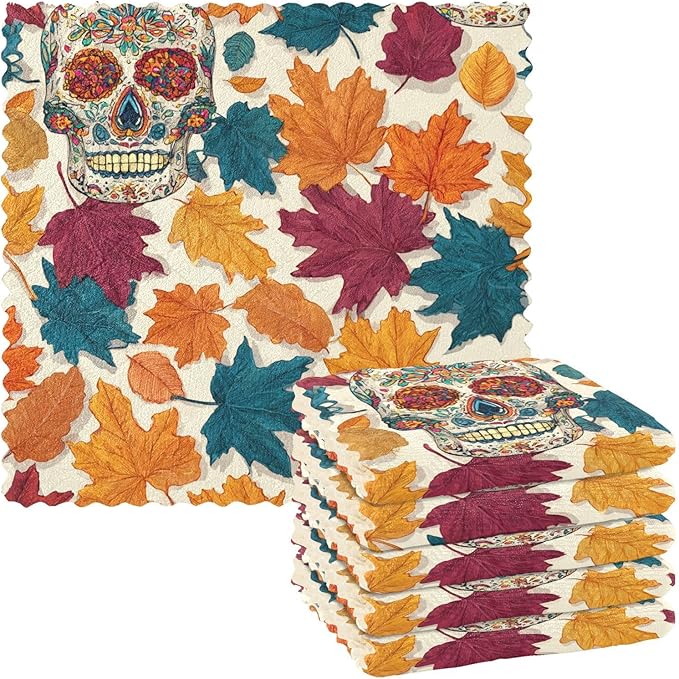 ALAZA Sugar Skull Fall Leaves Kitchen Towels Dish Cloths Absorbent Soft Dishcloths Kitchen Table Cleaning Cloths 11x11 Inches, Set of 6 - sugar skull beach towel