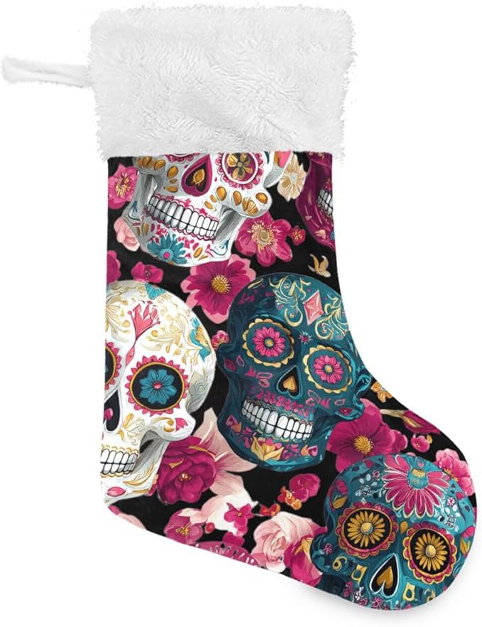 Day of The Dead Sugar Skull Flowers Christmas Stockings,18 inch Xmas Fireplace Hanging Stockings Ornament Santa Stockings for Family Holiday Christmas Party Decorations 1pcs - sugar skull christmas ornament