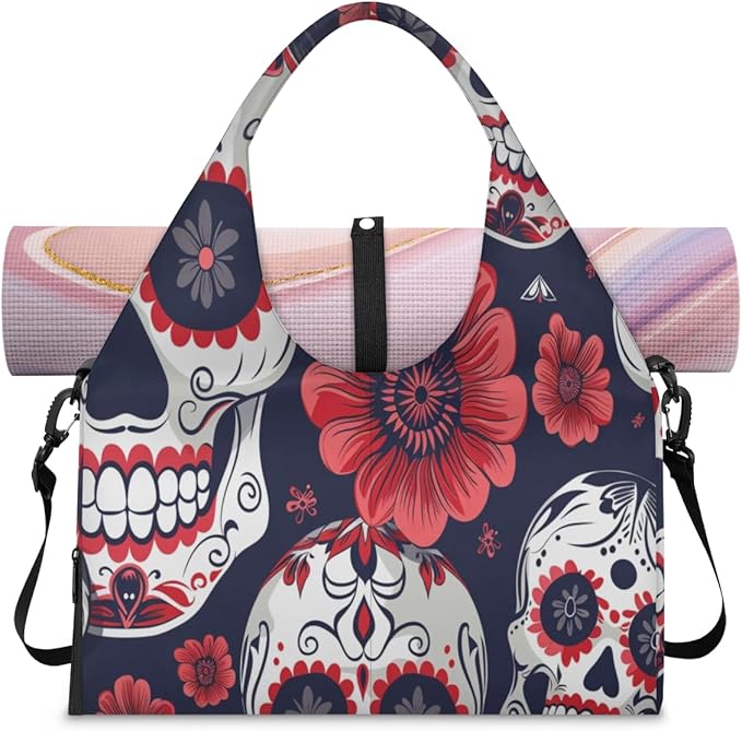 Flower Sugar Skulls Yoga Gym Bag for Women Men with Shoe Compartment Yoga Mat Bag Large Duffel Bag Sport Tote for Travel Pilates Workout Beach Office - sugar skull yoga mat