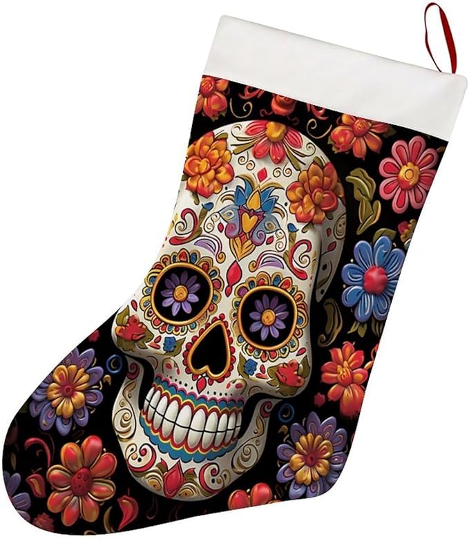 Christmas Stockings 18” Large Xmas Stocking Hanging Ornaments Felt Funny Sugar Skulls Christmas Stockings Personalized Hanging Stocking for Tree Fireplace Family Holiday Party Decoration - sugar skull christmas decorations